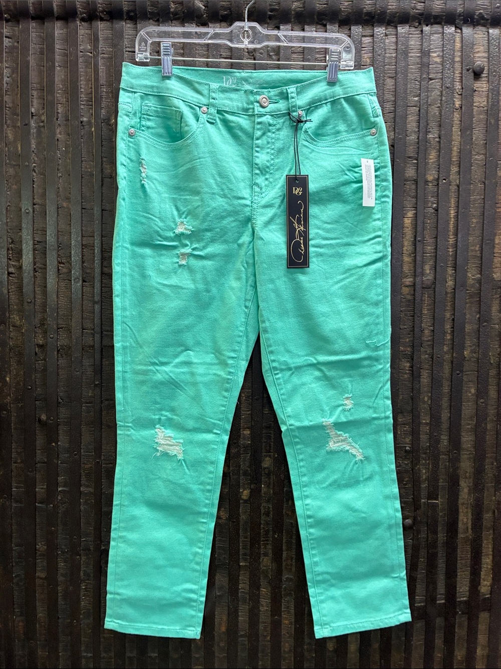 DG2 by Diane Gilman Mint Green Skinny Jeans with Distressed Accents